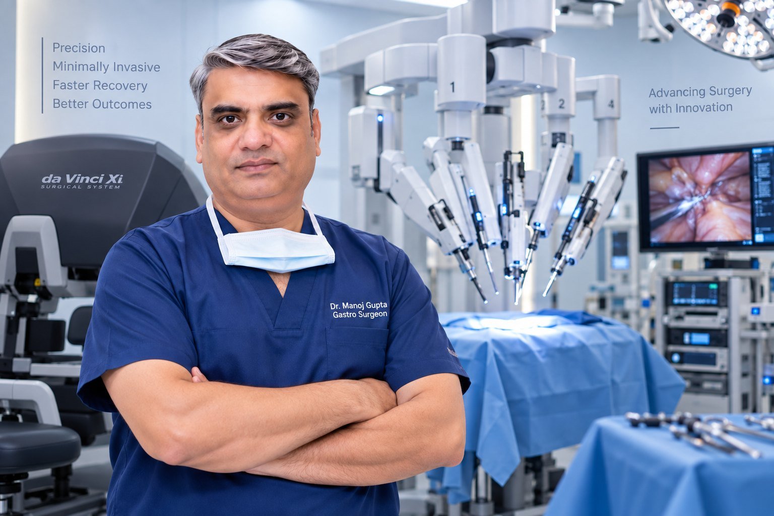 Dr Manoj Gupta with the da Vinci Xi robotic surgical system